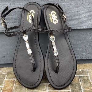 G by Guess Los Angeles Black Sandals with Clear Jewels Size 7.5